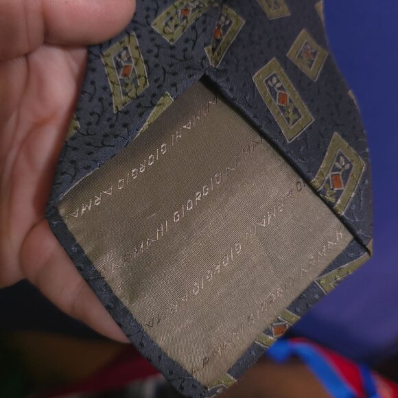 Giorgio Armani Cravatte Silk Tie With Geometric Pattern Navy & Olive Made In Ita - Picture 4 of 8
